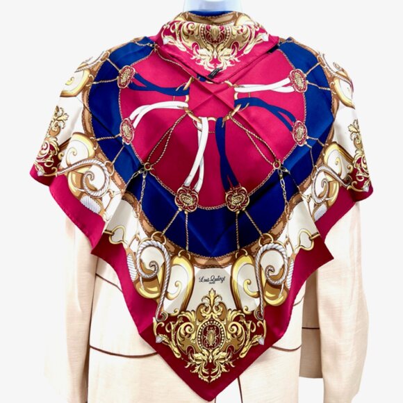 New Unused Louis Quatorze Paris 100%  Silk Satin 27" Burgendy Blue Godl Logo (51 - Picture 2 of 7